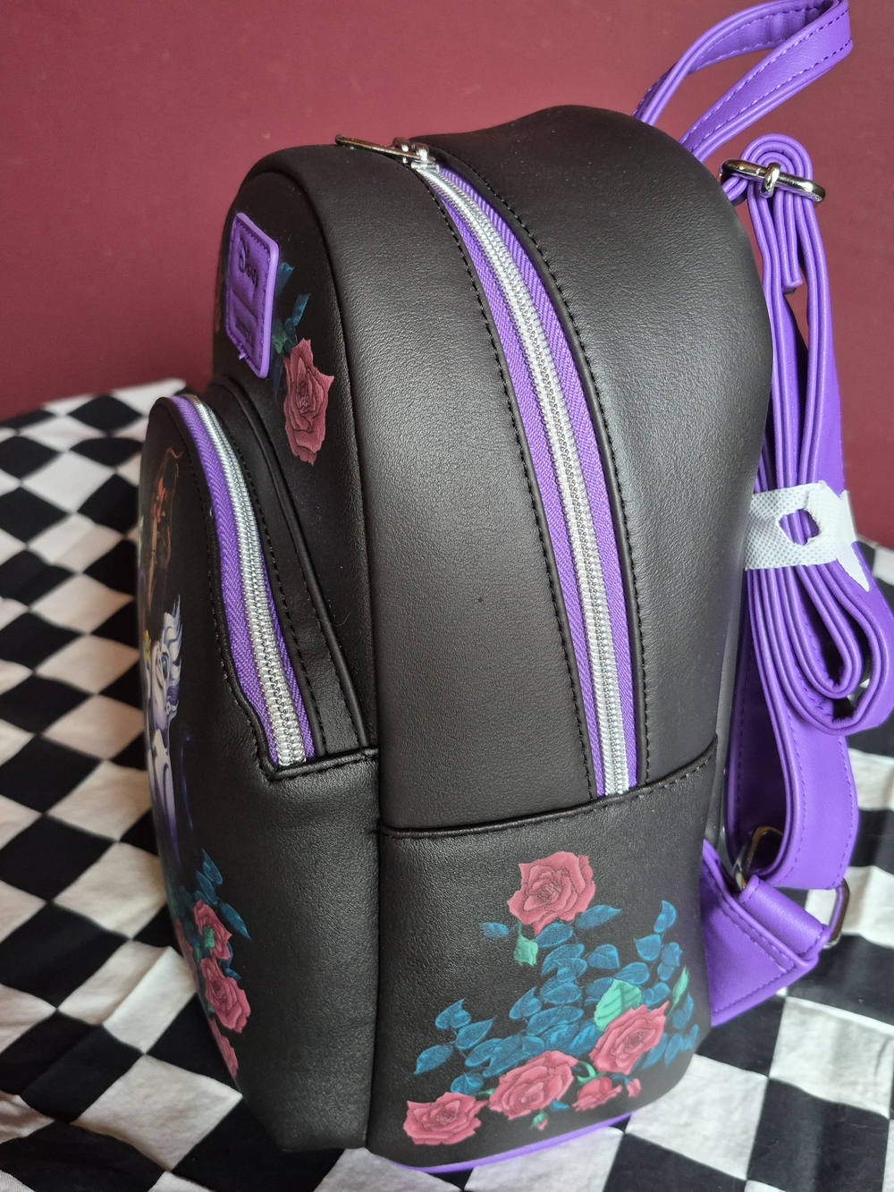 Loungefly Disney Villains Black Purple Pink Floral Mini Backpack - Picture 2 of 4